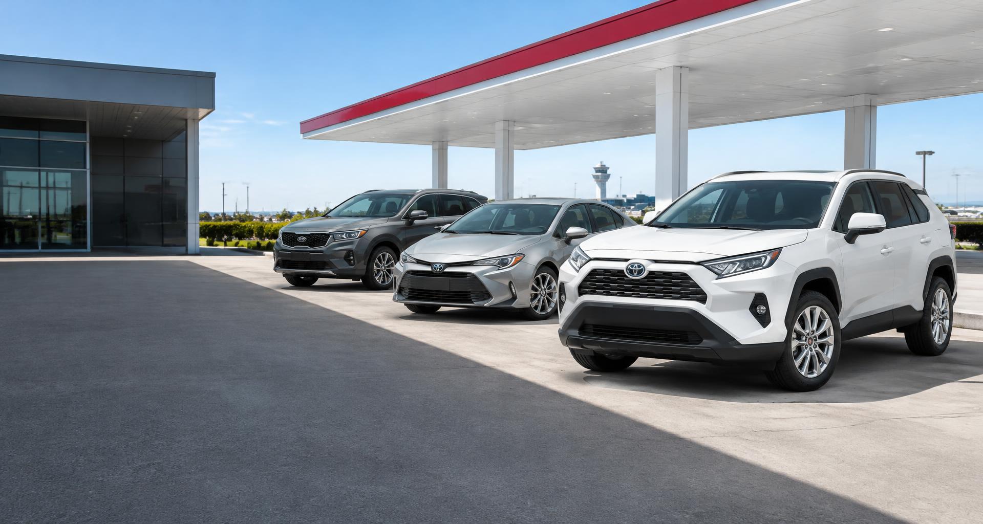 Toyota RAV4, Toyota Corolla and Kia Sorento at an airport rental forecourt